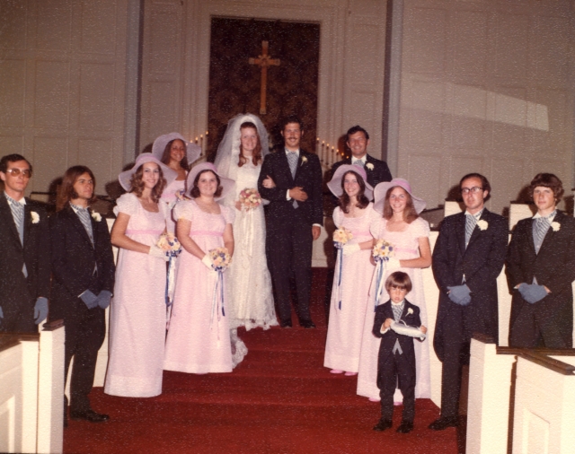 Larry and Kathryn Stines Wedding 1972 - BHS Grads 68 Tim Chamberlain and Randy Moody; BHS Grads 69 Kathryn Stokely Stine, Linda Cox, Betty Kupferman, BHS Grad 71 Debbie Stine, BHS 73 Brenda Stine, BHS Grad 84 Andy Stine (ring bearer)